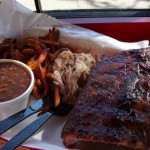 Pappy’s Combo Platter ~ Sweet Potato Fries, Baked Beans, Pulled Pork, Ribs