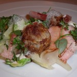 Slow Roasted Rack of Veal Tonnato, cabbage with sweet onion and porcini fritter
