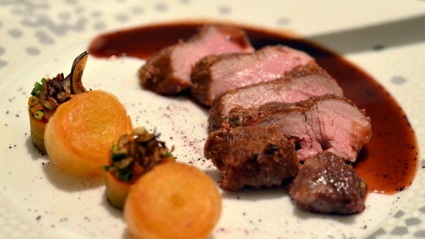 Prepared Roast rack of lamb from the hills of the Haut Var with Marjoram, Brive Violet mustard jus and potato “spirals”